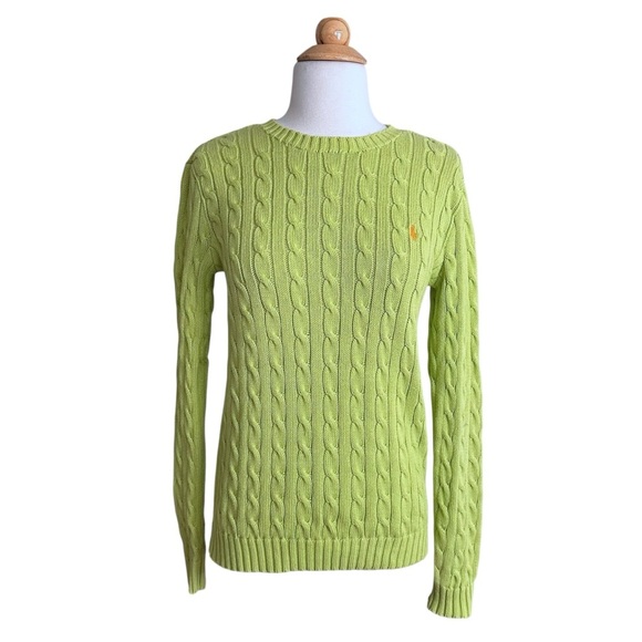 RALPH LAUREN Lime Green Cable Knit Cotton Sweater Women’s Preppy Pullover Size M - Picture 2 of 12